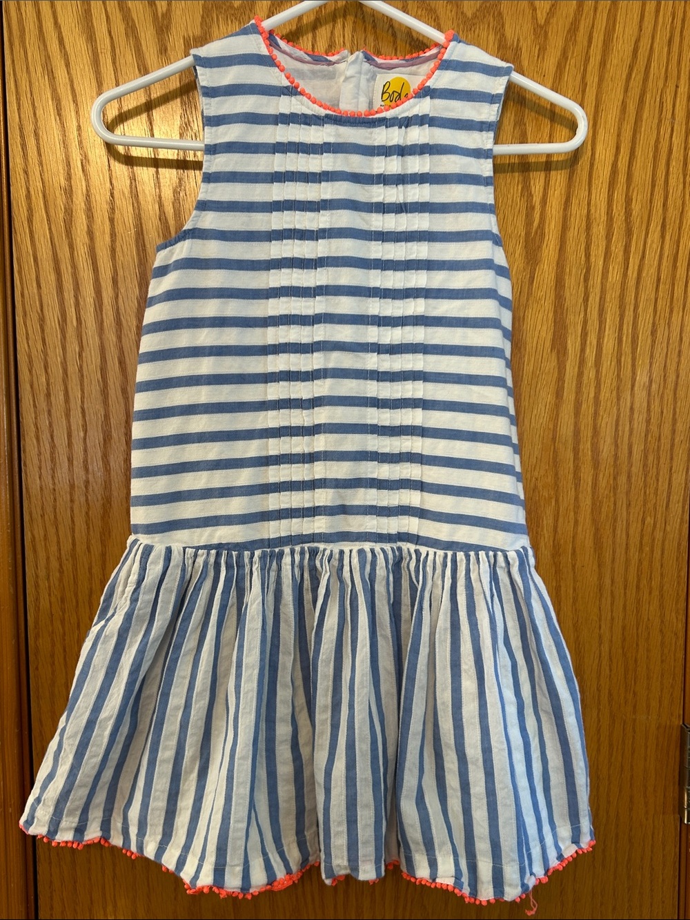 Boden Girls Blue/White Striped Sleeveless Drop Waist Dress w/Coral  Trim Sz 9/10